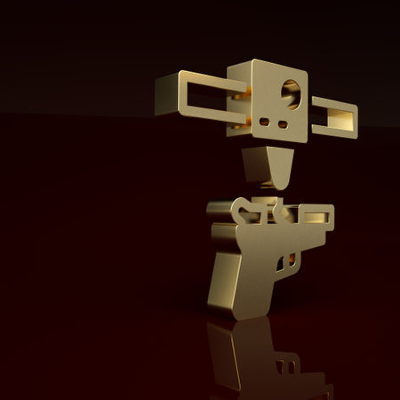 Gold 3D printer gun icon isolated on brown background. 3d printing. Minimalism concept. 3D render illustrationの写真素材