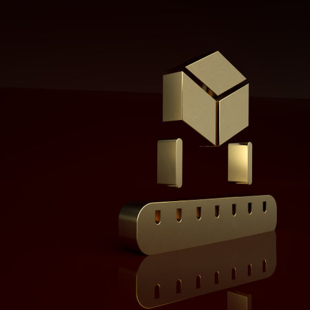 Gold Isometric cube icon isolated on brown background. Geometric cubes solid icon. 3D square sign. Box symbol. Minimalism concept. 3D render illustrationの写真素材
