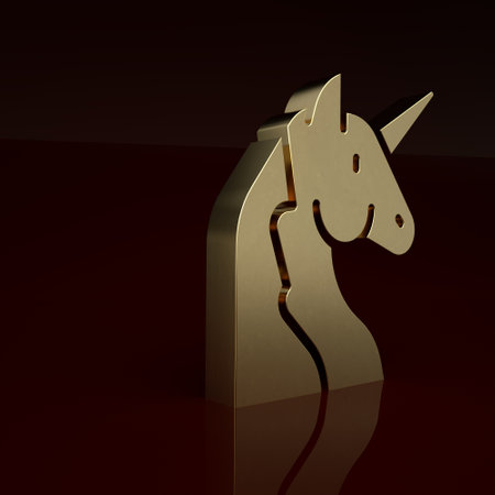Gold Unicorn icon isolated on brown background. Minimalism concept. 3D render illustrationの写真素材
