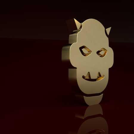 Gold Mask of the devil with horns icon isolated on brown background. Minimalism concept. 3D render illustrationの写真素材