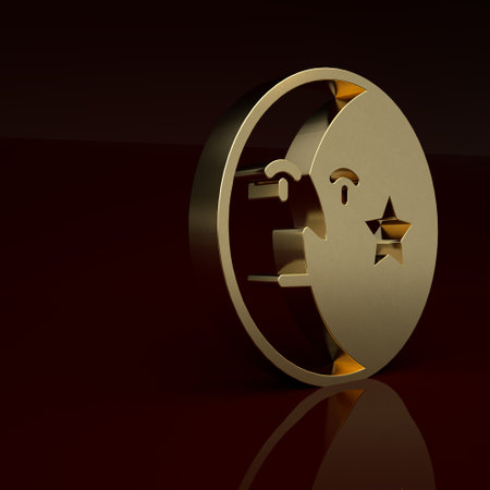 Gold Moon and stars icon isolated on brown background. Minimalism concept. 3D render illustrationの写真素材