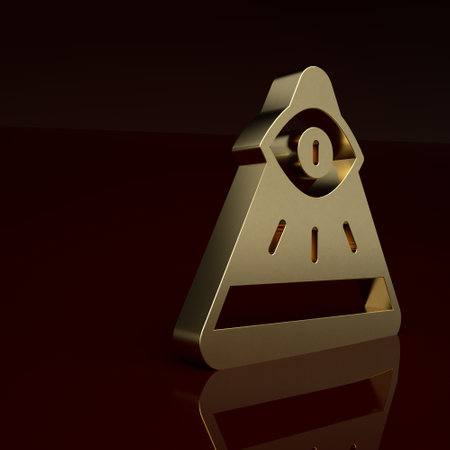 Gold Masons symbol All-seeing eye of God icon isolated on brown background. The eye of Providence in the triangle. Minimalism concept. 3D render illustrationの写真素材