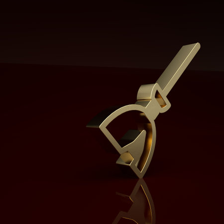 Gold Witches broom icon isolated on brown background. Happy Halloween party. Minimalism concept. 3D render illustrationの写真素材