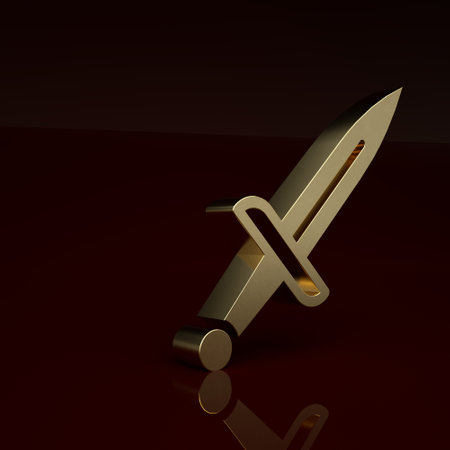 Gold Dagger icon isolated on brown background. Knife icon. Sword with sharp blade. Minimalism concept. 3D render illustrationの写真素材
