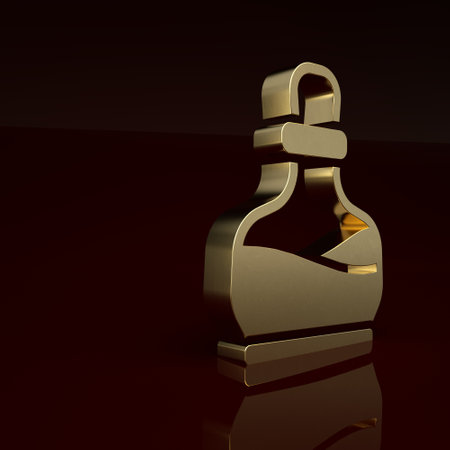 Gold Bottle with potion icon isolated on brown background. Flask with magic potion. Happy Halloween party. Minimalism concept. 3D render illustrationの写真素材