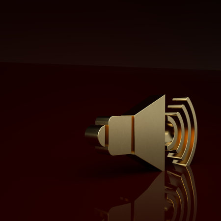 Gold Speaker volume, audio voice sound symbol, media music icon isolated on brown background. Minimalism concept. 3D render illustrationの写真素材