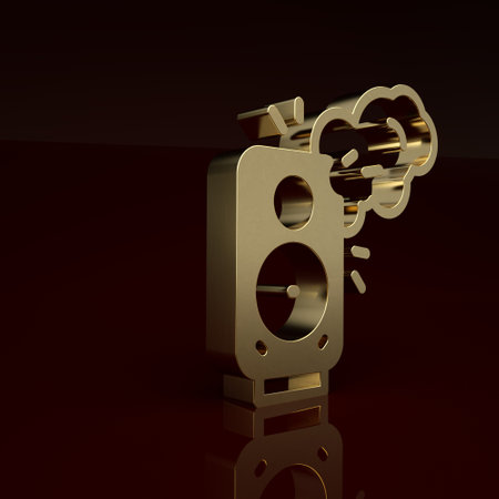 Gold Stereo speaker icon isolated on brown background. Sound system speakers. Music icon. Musical column speaker bass equipment. Minimalism concept. 3D render illustrationの写真素材