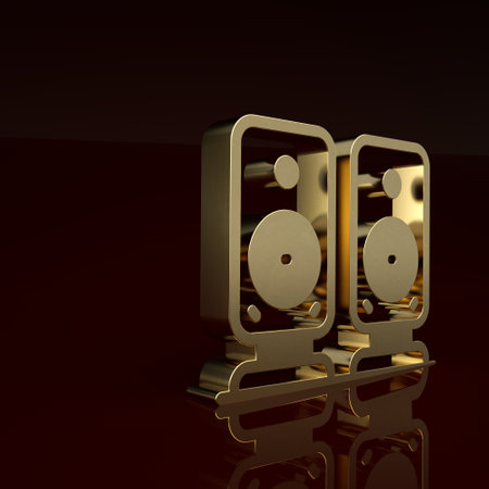Gold Stereo speaker icon isolated on brown background. Sound system speakers. Music icon. Musical column speaker bass equipment. Minimalism concept. 3D render illustrationの写真素材