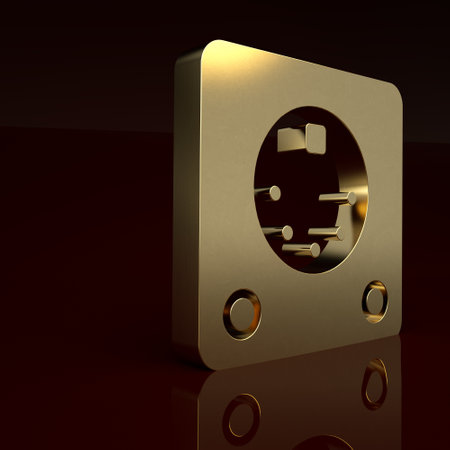 Gold Drum machine icon isolated on brown background. Musical equipment. Minimalism concept. 3D render illustrationの写真素材
