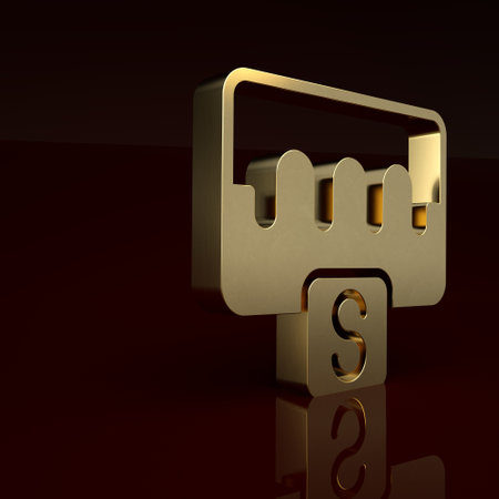 Gold Music wave equalizer icon isolated on brown background. Sound wave. Audio digital equalizer technology, console panel, pulse musical. Minimalism concept. 3D render illustrationの写真素材