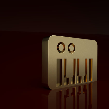 Gold Music synthesizer icon isolated on brown background. Electronic piano. Minimalism concept. 3D render illustrationの写真素材