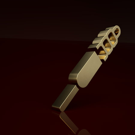 Gold Audio jack icon isolated on brown background. Audio cable for connection sound equipment. Plug wire. Musical instrument. Minimalism concept. 3D render illustrationの写真素材