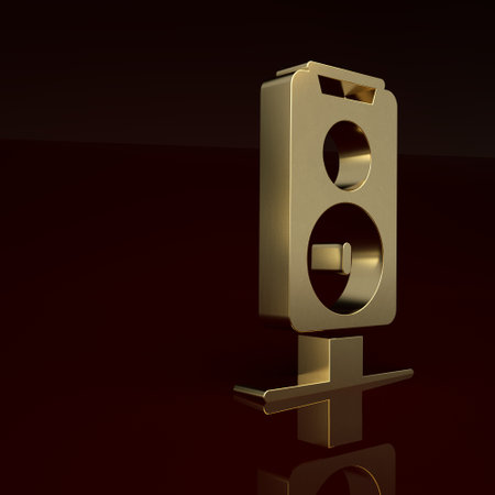 Gold Stereo speaker icon isolated on brown background. Sound system speakers. Music icon. Musical column speaker bass equipment. Minimalism concept. 3D render illustrationの写真素材