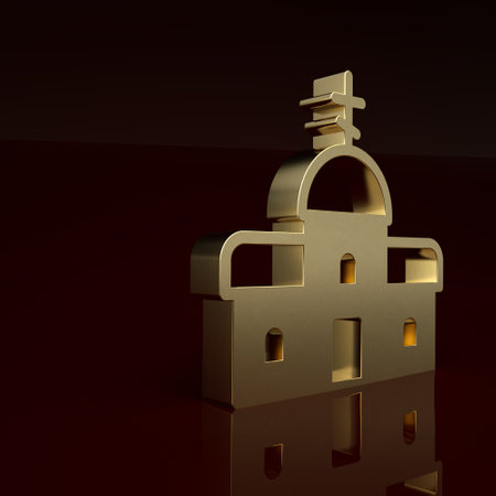 Gold Church building icon isolated on brown background. Christian Church. Religion of church. Minimalism concept. 3D render illustrationの写真素材