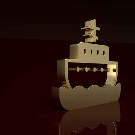 Gold Ark of noah icon isolated on brown background. Wood big high cargo. Minimalism concept. 3D render illustrationの写真素材