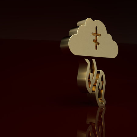 Gold Gods helping hand icon isolated on brown background. Religion, bible, christianity concept....