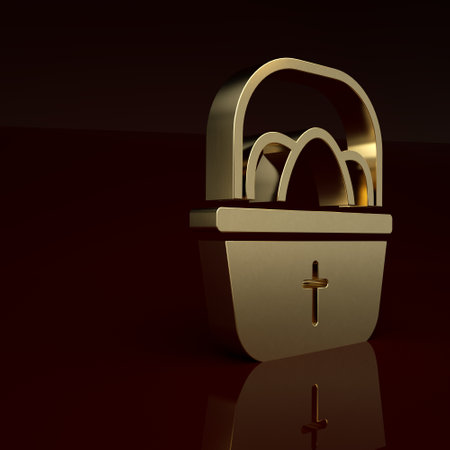 Gold Basket with easter eggs icon isolated on brown background. Happy Easter. Minimalism concept. 3D render illustrationの写真素材