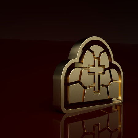 Gold Stained glass ancient cathedral, temple, church icon isolated on brown background. Minimalism concept. 3D render illustrationの写真素材