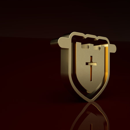 Gold Flag with christian cross icon isolated on brown background. Minimalism concept. 3D render...