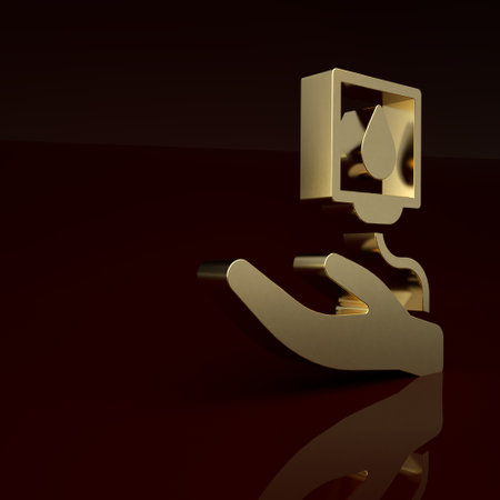Gold Blood donation icon isolated on brown background. Minimalism concept. 3D render illustrationの写真素材