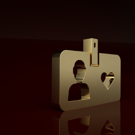 Gold Identification card volunteer icon isolated on brown background. Volunteer id card or badge. Minimalism concept. 3D render illustrationの写真素材