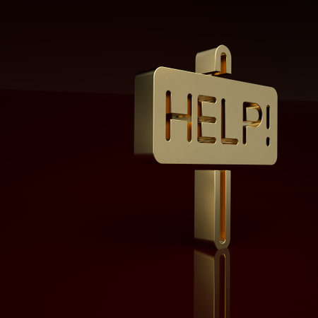 Gold Help icon isolated on brown background. Minimalism concept. 3D render illustrationの写真素材
