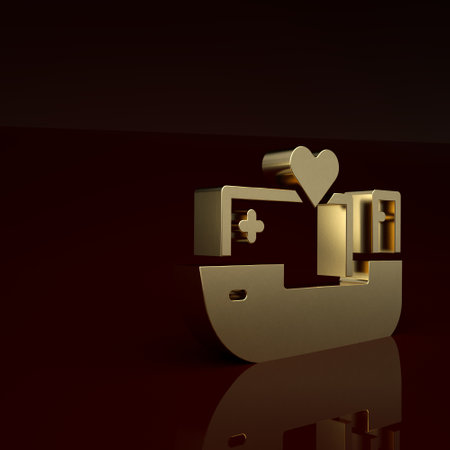 Gold Humanitarian ship icon isolated on brown background. Minimalism concept. 3D render illustrationの写真素材
