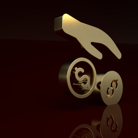 Gold Donation and charity icon isolated on brown background. Donate money and charity concept. Minimalism concept. 3D render illustrationの写真素材