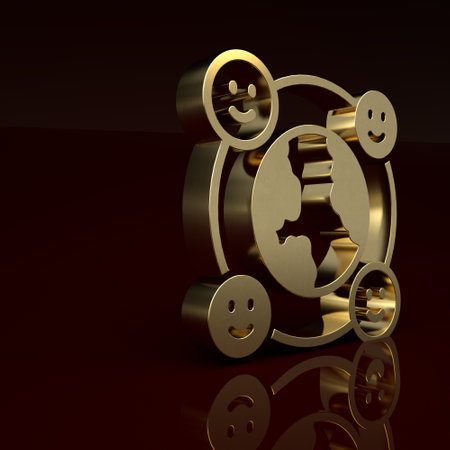 Gold International community icon isolated on brown background. Worldwide community. Cross cultural communication. Making friends worldwide. Minimalism concept. 3D render illustrationの写真素材
