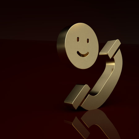 Gold Incoming call on mobile phone icon isolated on brown background. Friends call. Minimalism concept. 3D render illustrationの写真素材