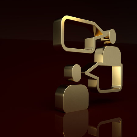 Gold Two sitting men talking icon isolated on brown background. Speech bubble chat. Message icon. Communication or comment chat symbol. Minimalism concept. 3D render illustrationの写真素材