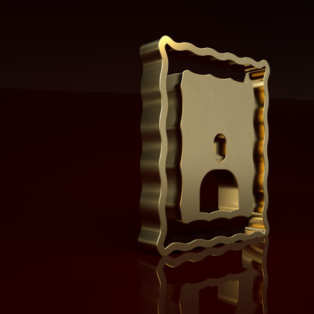 Gold Picture frame on table icon isolated on brown background. Valentines Day symbol. Minimalism concept. 3D render illustrationの写真素材