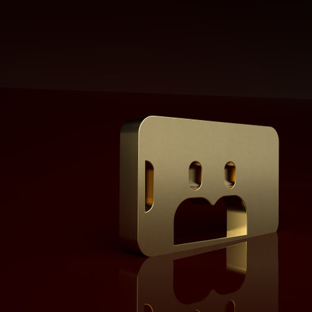 Gold Selfie on mobile phone icon isolated on brown background. Romantic self portrait, young friends taking selfie photo at smartphone. Minimalism concept. 3D render illustrationの写真素材