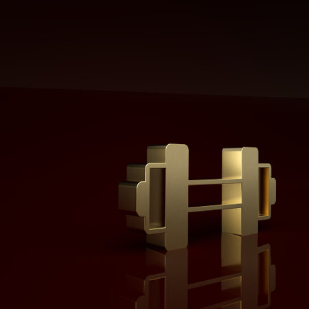 Gold Dumbbell icon isolated on brown background. Muscle lifting, fitness barbell, sports equipment. Minimalism concept. 3D render illustrationの写真素材
