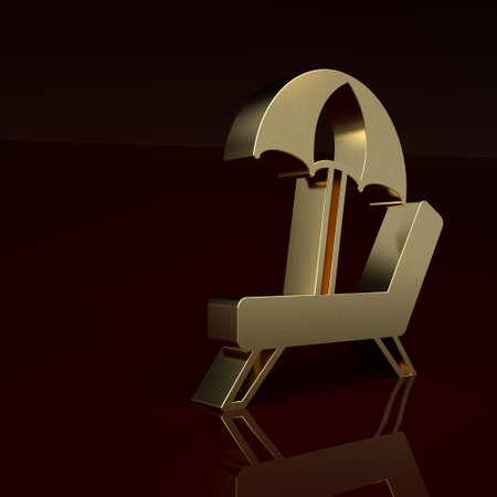 Gold Sunbed icon isolated on brown background. Beach umbrella and Sun lounger. Minimalism concept. 3D render illustrationの写真素材