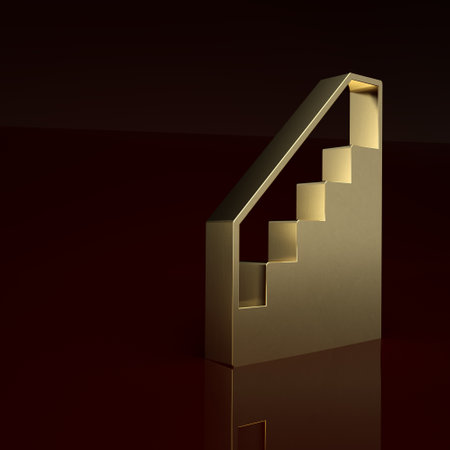 Gold Stairs up icon isolated on brown background. Minimalism concept. 3D render illustrationの写真素材