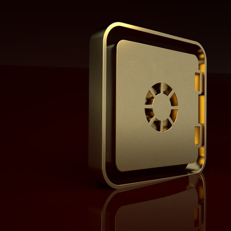 Gold Safe icon isolated on brown background. The door safe a bank vault with a combination lock. Reliable Data Protection. Minimalism concept. 3D render illustrationの写真素材