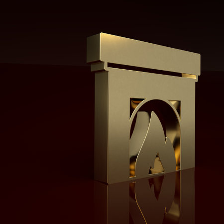 Gold Interior fireplace icon isolated on brown background. Minimalism concept. 3D render illustrationの写真素材