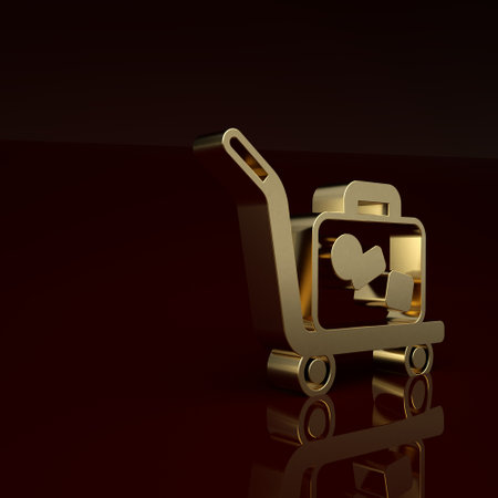Gold Trolley suitcase icon isolated on brown background. Traveling baggage sign. Travel luggage icon. Minimalism concept. 3D render illustrationの写真素材