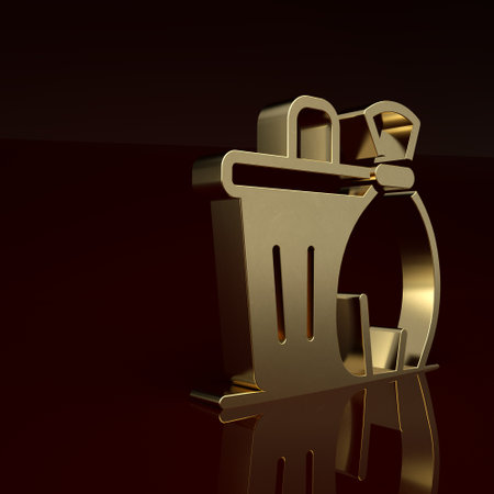 Gold Trash can icon isolated on brown background. Garbage bin sign. Recycle basket icon. Office trash icon. Minimalism concept. 3D render illustrationの写真素材