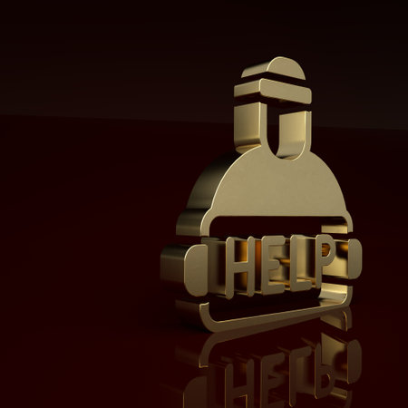 Gold Man with cardboard on the city street is asking for help icon isolated on brown background. Poor homeless beggar. Homelessness problem. Minimalism concept. 3D render illustrationの写真素材