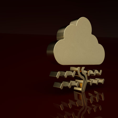 Gold Cloud with rain and lightning icon isolated on brown background. Rain cloud precipitation with rain drops.Weather icon of storm. Minimalism concept. 3D render illustrationの写真素材