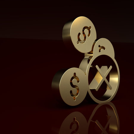 Gold No money icon isolated on brown background. Minimalism concept. 3D render illustration