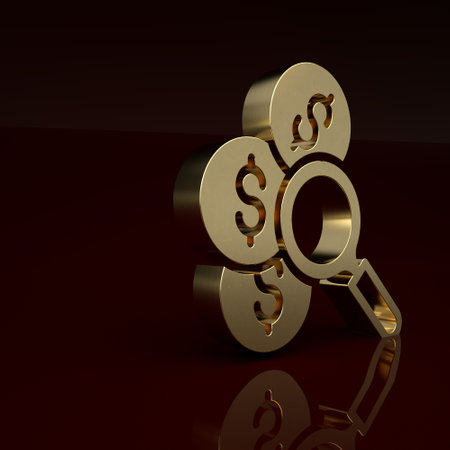 Gold Search for money icon isolated on brown background. Minimalism concept. 3D render illustrationの写真素材