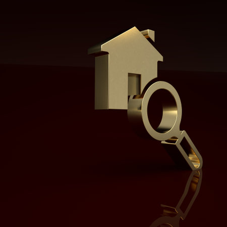 Gold Search house icon isolated on brown background. Real estate symbol of a house under magnifying glass. Minimalism concept. 3D render illustrationの写真素材