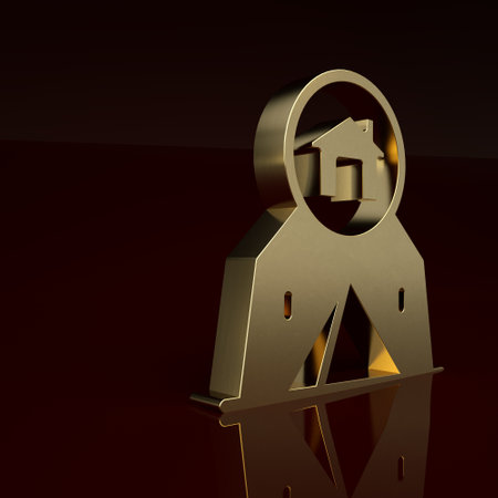Gold Tourist tent icon isolated on brown background. Camping symbol. Minimalism concept. 3D render illustrationの写真素材