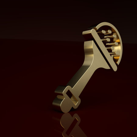 Gold Rattle baby toy icon isolated on brown background. Beanbag sign. Minimalism concept. 3D render illustrationの写真素材