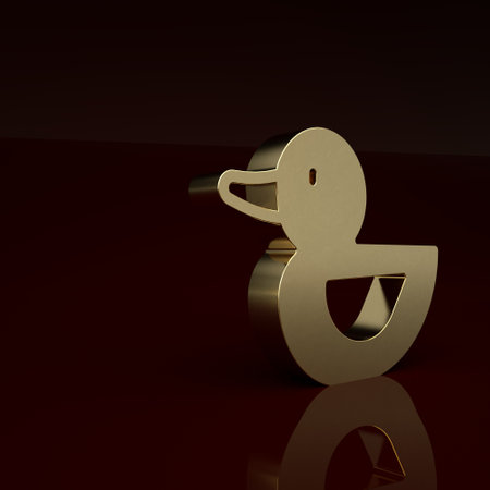 Gold Rubber duck icon isolated on brown background. Minimalism concept. 3D render illustrationの写真素材