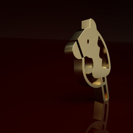Gold Toy horse icon isolated on brown background. Minimalism concept. 3D render illustrationの写真素材