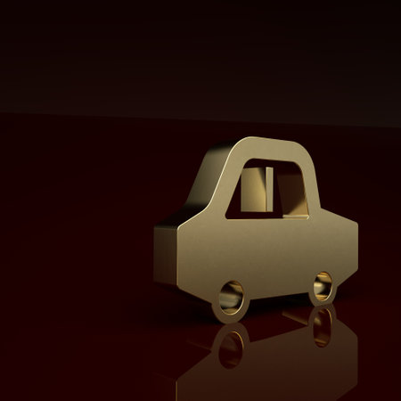 Gold Toy car icon isolated on brown background. Minimalism concept. 3D render illustrationの写真素材